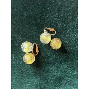 Vintage Earrings YellowBead Acrylic Ball Dainty Pastel Retro Midcentury Clip Ons